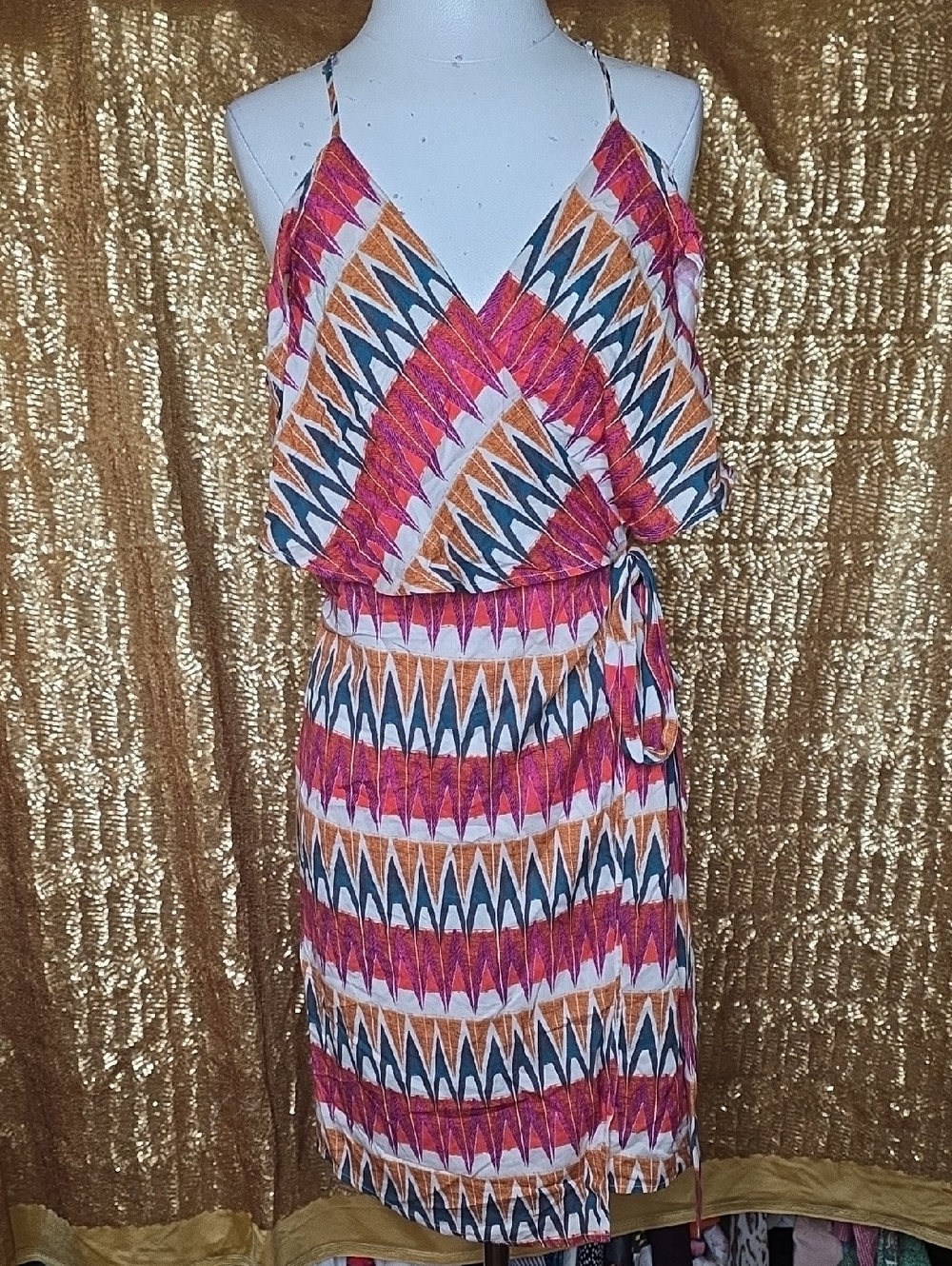 Gianni Bini Sleeveless Chevron Wrap Midi Dress in Pink, Orange and Navy